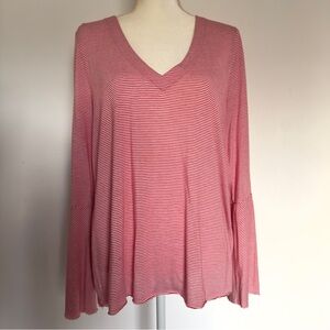 Lucky Brand Pink / White Striped Long Bell-Sleeve and Keyhole Back Detail Top L